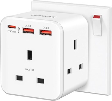 Multi Plug Extension, 3 Way 3 Plugs Socket adapter, 6-in-1 Cube Electrical Extender Outlet Adaptor, PD&amp;QC 3.0 20W USB Wall Charger, Plug Expander for Home, Office, Kitchen, 13A 3250W