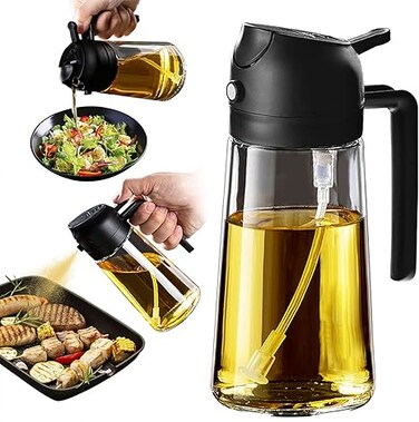 16oz Olive Oil Dispenser Bottle for Kitchen - 2 in 1 Oil Dispenser and Oil Sprayer for Cooking, Air Fryer, Salad, 470ml Olive Oil Sprayer Black