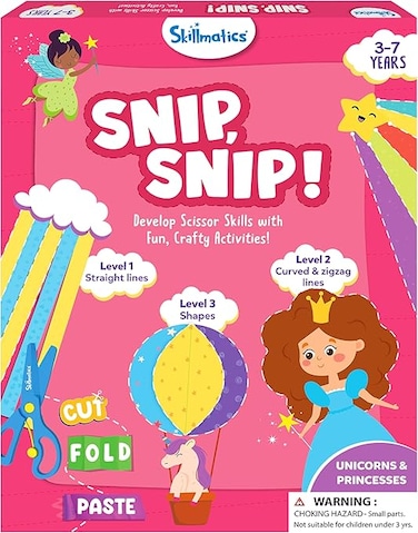 Scissor Skills Activity Book - Snip, Snip Unicorns &amp; Princesses, Art &amp; Craft Kit for Kids, 2 Child-Safe Scissors, 25 Fun Activities, Gifts for Girls &amp; Boys Ages 3, 4, 5, 6, 7