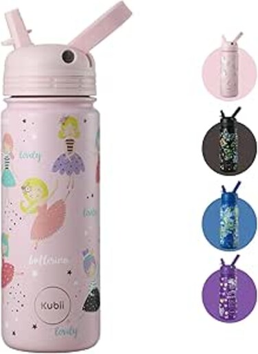Kubii&reg; Premium insulated stainless steel kids bottle with straw lid, Unicorn Water bottle for girls,Thermos bottle, BPA free, 533ml /18oz (Ballerina Pink)