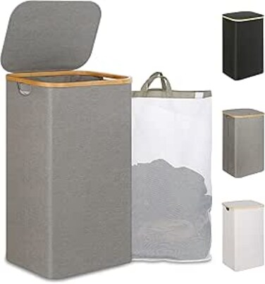 TMOHRA Laundry Basket Collapsible,Tall Laundry Hamper with Lid,110L Large Laundry Hamper with Handle,Folding Clothes Basket Organizer with Removable Inner Bag for Clothing Toys Towels (Grey)