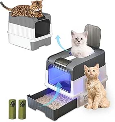 HopHop&reg; UV Cat Litter Box Large with Two Way Entry &amp; Exit, Spacious and Easy to Clean Cat Box for All Cat Sizes, Closed Large Cat Litter Box with Lid, 35x36x48 Cm 2 Trash Bag Rolls &amp; 1 Scoop