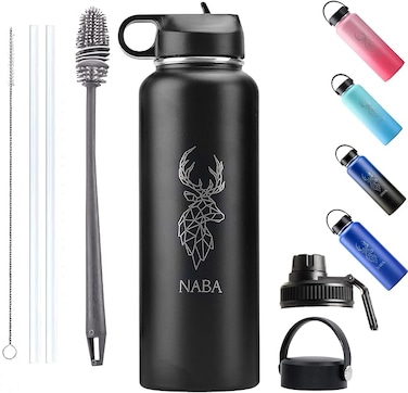 Stainless Steel Water Bottle 1.2 Litre With a Wide Mouth-Double Wall Vacuum Flask Hot Insulated Thermos With Silicone Cleaning Brush-Coldest Gym Bottles,Sports - 3 Lids,2 Straws, 40 OZ black