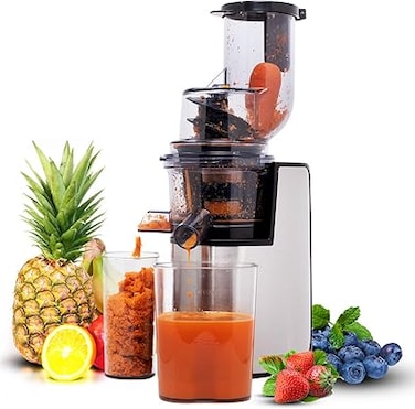 Geepas Gsj44019Uk 200W Masticating Slow Juicer Machine Cold Press Juicer, 80 mm Big Wide Mouth, Creates Fresh Healthy, High Nutrient Vegetable &amp; Fruit Juice Quiet Motor Reverse Function, White