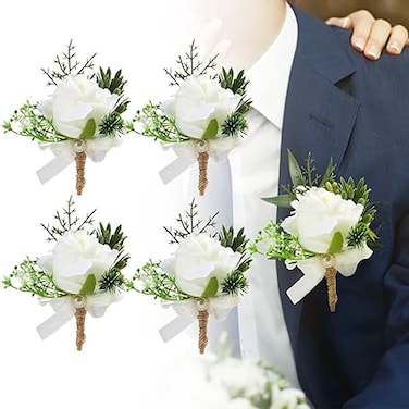 Boutonniere, Rose Wedding Boutonniere, 4pcs White Rose Boutonnieres, Handmade Corsage, Buttonhole Flowers with Pin Clip, Artificial Wedding Flower, for Groom Bride Suit Dress Banquet Party Decor