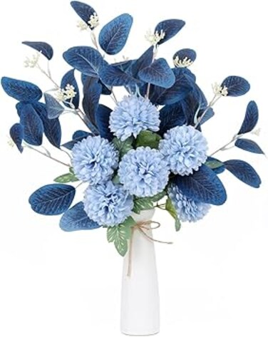 INSUNSIX Chrysanthemum Flowers Blue Artificial Eucalyptus Silk Flowers for Home Decor Indoor Dining Table Decor (Dark Blue)