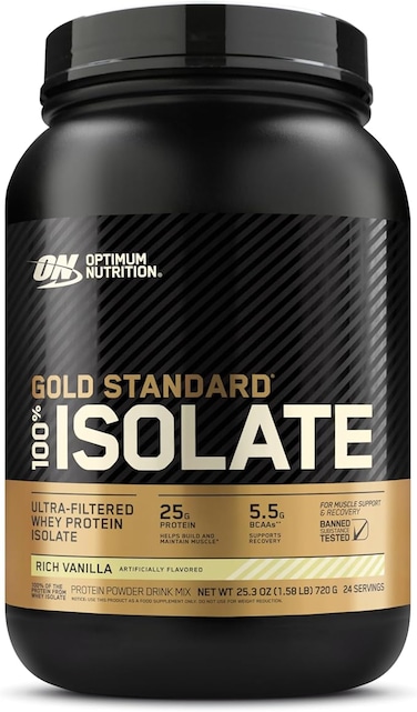 Gold Standard 100% Isolate, 25 Grams of Protein, Hydrolyzed and Ultra-Filtered Whey Protein Isolate - Rich Vanilla, 1.58 lbs, 24 Servings (720 G)