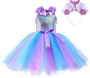 Mermaid Tutu Dress for Girls, Princess Costume Halter Neck Decorated with Headband Mesh Tulle Skirt with Hair Hoop Dressing up Kid Holiday Dance Birthday Party Halloween Cosplay Purple Outfit