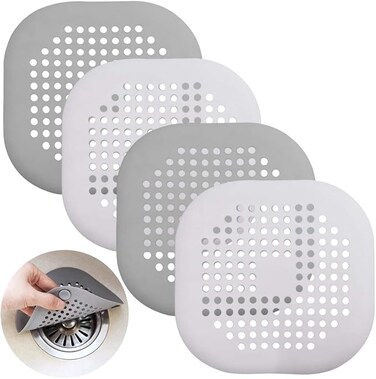 4 Pcs Silicone Drain Protector with Sucker, SENHAI Sink Strainer Shower Hair Catcher Bathtub Drain Cover for Kitchen Bathroom - White,Grey