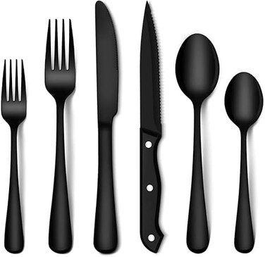ZYNEX 24 PC Stainless Steel Cutlery Set,Dinnerware Set for 4, Silverware Set with Steak Knives, Food-Grade Kitchen Utensils Mirror Finished Tableware for Home, Restaurant (BLACK)