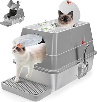 Stainless Steel Cat Litter Box with Lid, 180&deg; Flip-Top XL Extra Large Enclosed Litter Box, Covered High Sided Litter Pan with Steps &amp; Scoop, Easy Cleaning, Non Sticky Grey，Removable cover