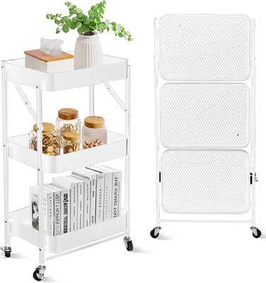 3 Tier trolley organizer,Foldable Metal Rolling Utility Cart Organizer, Multipurpose Organizer Trolley with Casters for Kitchen, Bedroom, Bathroom, Office, Laundry Room and Garage White