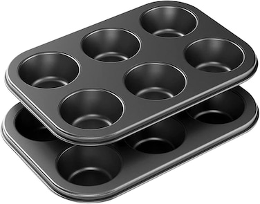 [2-Pack] 6 Cup Cupcake Baking tray Non-Stick Carbon Steel Muffin Tray Oven Baking Pan Heat Resistant Bakeware Pan perfect for making Cupcakes, Mini Pie, Tart and Muffins