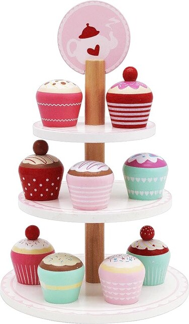 Cupcake Bakery - Wooden Toy Cupcake Set &amp; Stand - Three-Tier Stand and 9 Unique Cupcakes - Pretend Play Toy and Gift