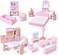 Wooden Dollhouse Furniture Set, 22 Pcs Miniature Doll House Accessories,4 Rooms Wood Pink Dollhouse Accessories Pretend Play Furniture Toys for for Boys and Girls Age Over 3