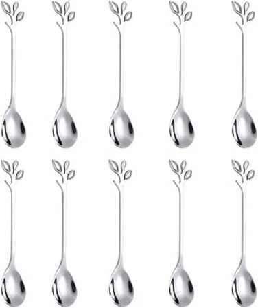 AnSaw 10 Pcs 4.7 Stainless Steel Silver Leaf Coffee Spoon- Creative Tableware Dessert Spoons, Stirring, Mixing, Sugar, Stir, Ice Cream, Cake, Teaspoon Set (Silver-10Spoon)