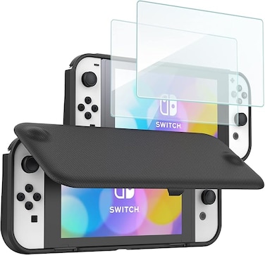 Flip Cover for Nintendo Switch OLED Model 2021 with 2 Screen Protectors, Switch OLED Protective Case with Magnetically Detachable Front Shell -Black