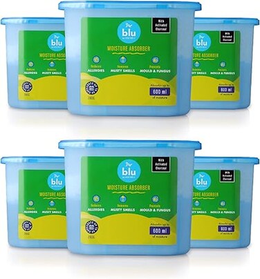 BLU by Absorbia Moisture Absorber with Activated Charcoal Pack of 6 (280 g X 6 Boxes)   Absorbs 600ml each Dehumidifier for Wardrobes &amp; Closets   Fights Against Moisture, Mould, Fungus