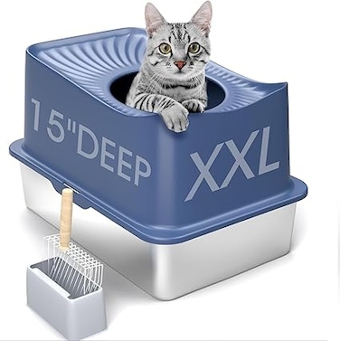 Pseul Enclosed Stainless Steel Cat Litter Box with Top Entry Extra Large Litter Box for Big Cats XL Metal Litter Pan Tray with High Wall Sides Enclosure, Non-Sticky, Anti-Leakage, Easy Cleaning (Blue)