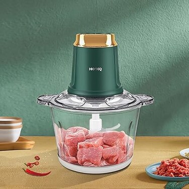 HOTOR 3L Green Meat Grinder Electric, Multi-Functional Electric Chopper 2-Speed with Glass Bowl and 4 Blades for Meat Vegetables Fruits Nuts Kitchen Restaurants