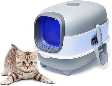 Enclosed Cat Litter Box with UV light, Foldable Cat Litter Box with Ultraviolet Germicidal Lamp Large Cat Toilet with Scoop Large, Easy to Clean, Anti-Splashing Kitty Litter Pan Closed Cat Toilet
