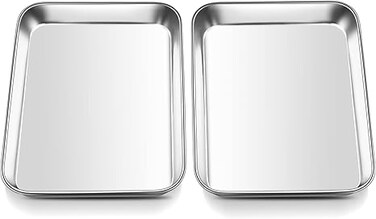 Mini Oven Tray, Stainless Steel Small Baking Trays Sheets Pan, Rectangle Cake Tin Perfect for Baking Cooking Serving, Healthy &amp; Heavy Duty, Mirror Finished &amp; Dishwasher Safe, 23.7x17.7x2.5cm