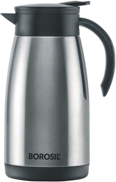 VACUUM INSULATED STAINLESS STEEL TEAPOT   TEA POT   THERMAL FLASK   THERMOS   CARAFE   JUG   COFFEE POT   FOR WATER, COFFEE, TEA   1 LITER SILVER