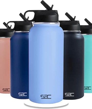 S2C Stainless Steel Water Bottle 1L,32oz Double Wall Vacuum Insulated Water Bottle, BPA Free Water Bottle for Kids School with Straw lid- Thermos Water Flask for Hot Water, Water Bottle (SKY BLUE)