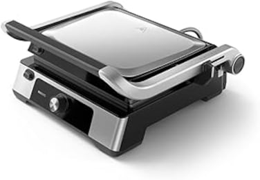 Contact Grill 5000 Series - 2200W, Open 180&deg; Flat Grilling, Adjustable Height, Removable Plates, High Power, Handle Lock, Silver/Black - HD6301/90