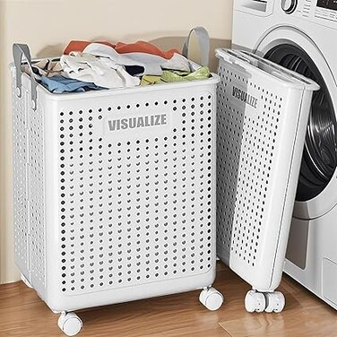 Foldable laundry basket With handles Collapsible laundry baskets with wheels,easy to move and save space,Versatile Portable Storage Basket for Bathroom and Bathroom(Ivory White, L(50x37.7x31))