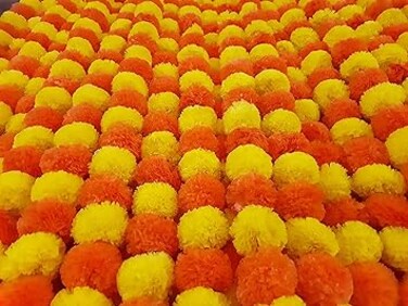 DECORATION CRAFT &ldquo;Premium Quality&rdquo; 5 Pack Orange &amp; Yellow Artificial Marigold Flower Garlands 5 Ft Long Each for Parties Indian Weddings Theme &amp; Home Decoration Photo Prop Diwali Festival