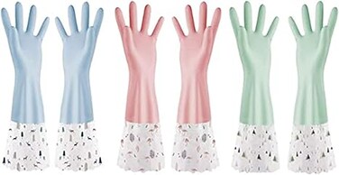 ELECDON Rubber Cleaning Gloves, Reusable Waterproof Household Kitchen Dishwashing Glove, Long Sleeves, Kitchen Cleaning, Food Handling, Working, Painting, Gardening, Pet Care, Large (3 Pairs)