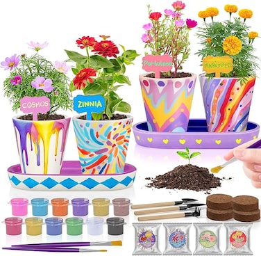 4 Set Paint &amp; Plant Ceramic Flower Gardening Kit - Crafts Girls Ages 8-12, Arts and Crafts Kids Ages 8-12, Art Supplies Kids, Toys Birthday Gifts Girls Boys Ages 4 5 6 7 8 9 10 11 12