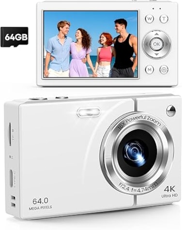Digital Camera 4K with 64MP &amp; 16X Optical Zoom - Autofocus Vlogging Camera with Anti-Shake, 64GB SD Card Included   Compact Travel Camera for YouTube Beginners, Teens &amp; Adults (White)