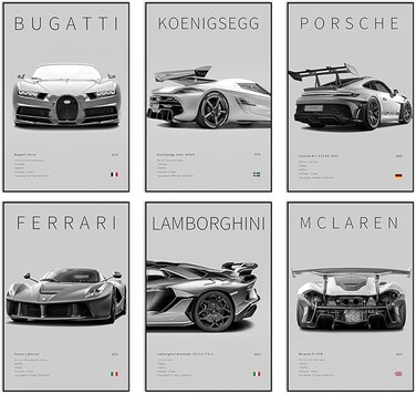 SHUNXI Car Canvas Poster Wall Art, Supercar Art Prints, 6pac/Set (6 Set, 8 x 12 in Unframed)
