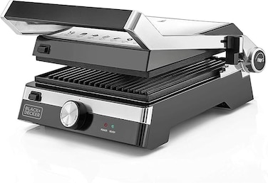 Family Health Grill with 180&deg; Hinge, 2000W, 1500cm&sup2; BBQ Area, 5-Level Height Adjustment, Variable Temperature Control, Removable Drip Tray, Cool-Touch Handle, Black/Silver