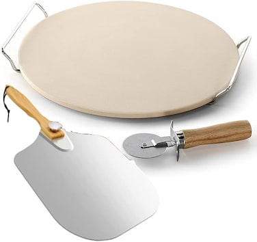 Set with Pizza Peel Wheel Pizza Cutter Metal Rack/Handle, 13 Inch Compact Easy Storage Portable Baking Grilling Stone Thermal Shock Resistance Baking Stone for Oven Grill BBQ-4PCS/set