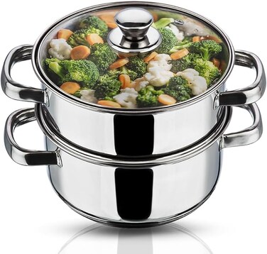 Stainless Steel 2-Tier Steamer &ndash; 20cm   Vegetable, Momo Steamer with Glass Lid, Sturdy Handle, Induction &amp; Gas Friendly &ndash; Perfect for Couscous, Dumplings &amp; Rice Dishes