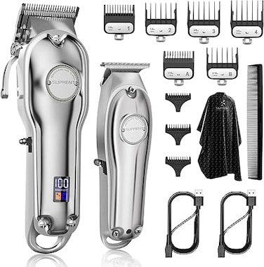 SUPRENT&reg; Professional Hair Clippers for Men, Hair Cutting Kit &amp; Zero Gap T-Blade Trimmer Combo, Cordless Barber Clipper Set with LED Display for Mens Gifts (Silver)