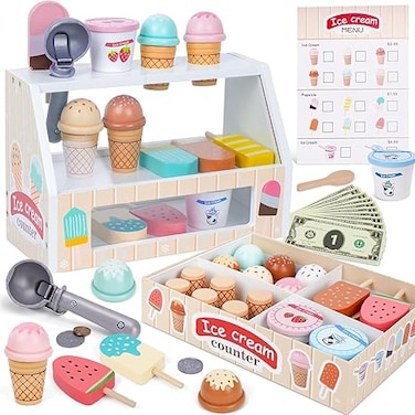 Wooden Ice Cream Counter Playset for Toddler,Play Pretend Toy Food Play Kitchen Accessorie with Fake Money &amp; Coin,Play Food Scoop and Serve,Play Kitchen Sets for Kids 3-8 (Ice cream Handheld)
