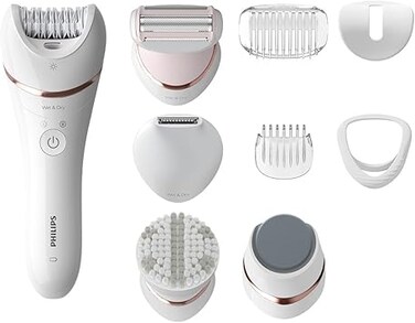 Philips Series 8000 Epilator, Wet And Dry Cordless Hair Removal And Skin Care System, For Legs, Body With 9 Accessories Including Shaver Head And Pedicure Foot File Bre740/11, White