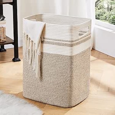 OIAHOMY Laundry Hamper - Tall Cotton Storage Basket with Handles - Decorative Blanket Basket for Living Room, Collapsible Large Basket for Toys, Pillows, Clothes - 16x13x22in - Yellow Variegated