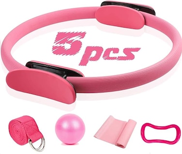 5 Pcs Pilates Ring Set 14" Yoga Fitness Magic Circle Pilates Equipment for Home Workouts Fitness kit (Pink)