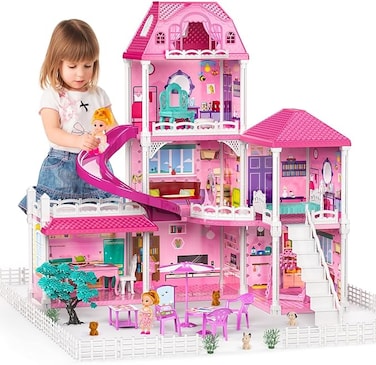 Doll House Toddler Toys for 3 4 5 6 Years Old for Girls - 3-Story 6 Rooms Playhouse with 2 Dolls Toy Figures, Dream House Doll House 7-8 for Girls, for Girl Boy Toys Age 3+