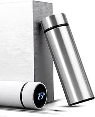 Yanek Smart Water Bottle Stainless Steel &ndash; Travel Mug with Smart LCD Touch Screen Temperature Display, Leak-Proof, Hot &amp; Cold Beverage Flask, Ideal for Travel, Gym, Office, &amp; Daily Use (STEEL)
