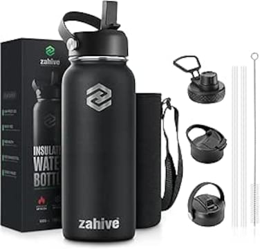 Zahive Stainless Steel Water Bottle 1l with 3 Lids &amp; Bag - Insulated Water Bottle with Straw - 1000ml Double Wall Thermos Flask for Travel Hot &amp; Cold Drinks, Sports, Gym, Leak Proof (32oz, Black)