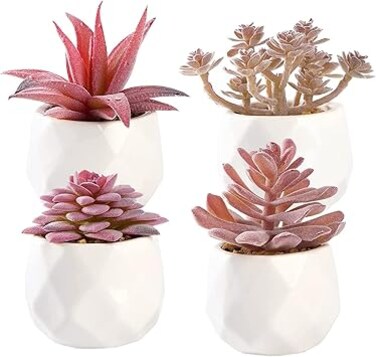 Angju Faux Succulents in White Ceramic Pots for Desk, Office, Living Room, and Home Decoration - Fake Plants Included (Set of 4 Artificial Succulents)