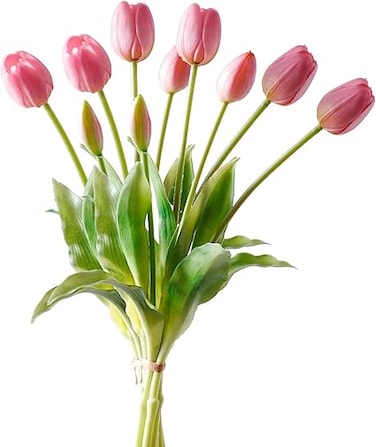 Azonee Latex Artificial Tulips Flowers, 10Pcs Real Touch Faux Flower, DIY Bouquets Floral Arrangement for Home Table Centerpiece Wedding Party Decoration, Gifts for Women (Pink)