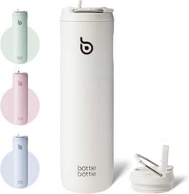 Insulated Water Bottle 24oz with Straw Lid and Handle for Sports Travel Gym Stainless Steel Water Bottles Double-Wall Vacuum Metal Thermos Bottles Leak Proof BPA-Free (Light Gray)
