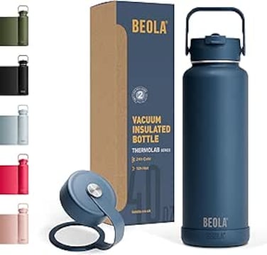 BEOLA 1200ml Vacuum Insulated Water Bottle, Double Walled Thermolab series Stainless Steel Water Drinking Flask with Straw Lid, 2 Lids included, Hot Cold Thermos, Sports Bottle 40oz (Marine Blue)